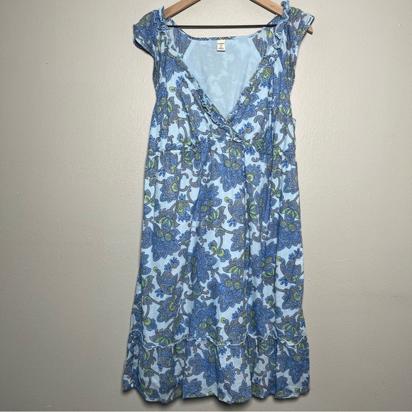 Y2K Old Navy‎ Linen Cotton Midi Dress Large Blue Paisley Cottagecore Babydoll - Picture 1 of 9